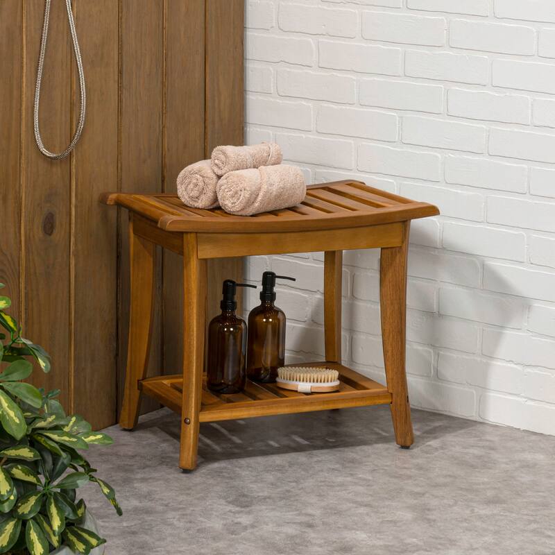 Tucker 22.1" Slatted Acacia Wood Indoor/Outdoor Shower Bench w/ Shelf & Handle, By JONATHAN Y - 22.1L x 12.99W x 18.5H