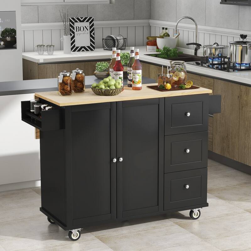 52.76'' Solid wood Kitchen Island with Locking Wheels, Drop Leaf, Adjustable Shelf and 3 Drawers - 52.76'' x 29.5'' x 36.81''