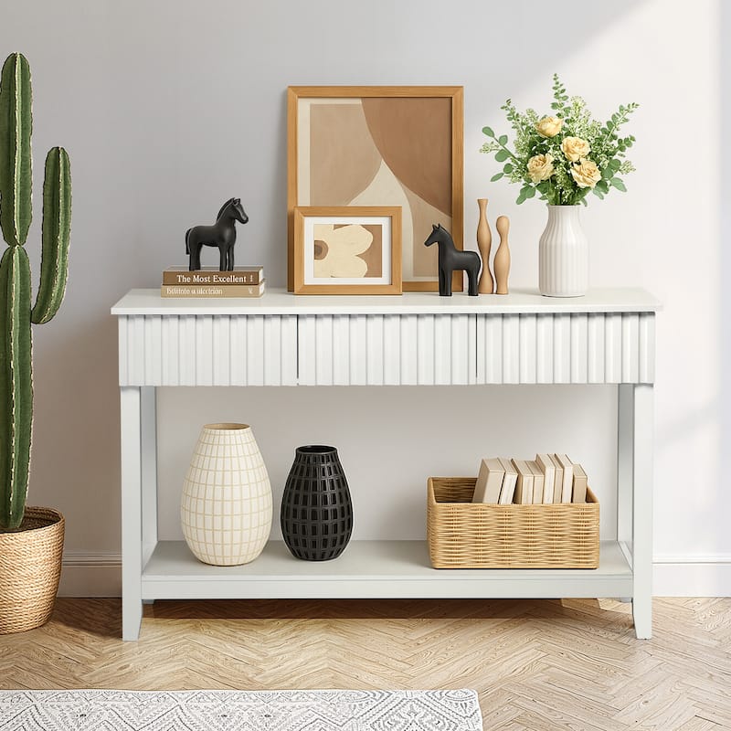 White MDF Console Table with 3 Drawers and Lower Open Storage Shelf - 51.2 x 11.8 x 32 in