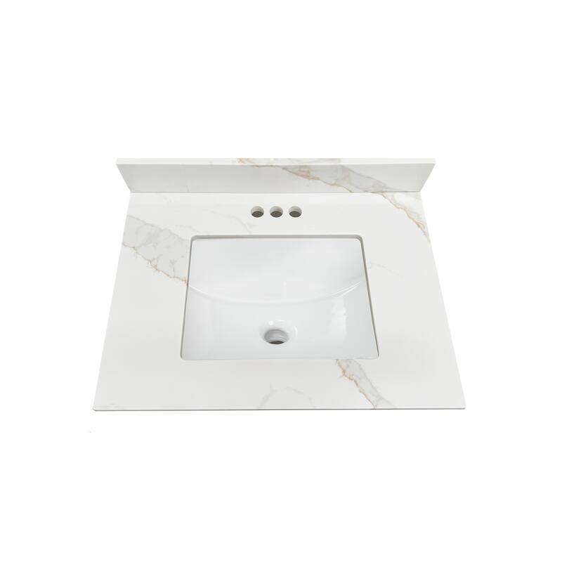 Calesco Calacatta Quartz Bathroom Vanity Top with Sink and Backsplash - White/Grey/Beige - 4" Centerset