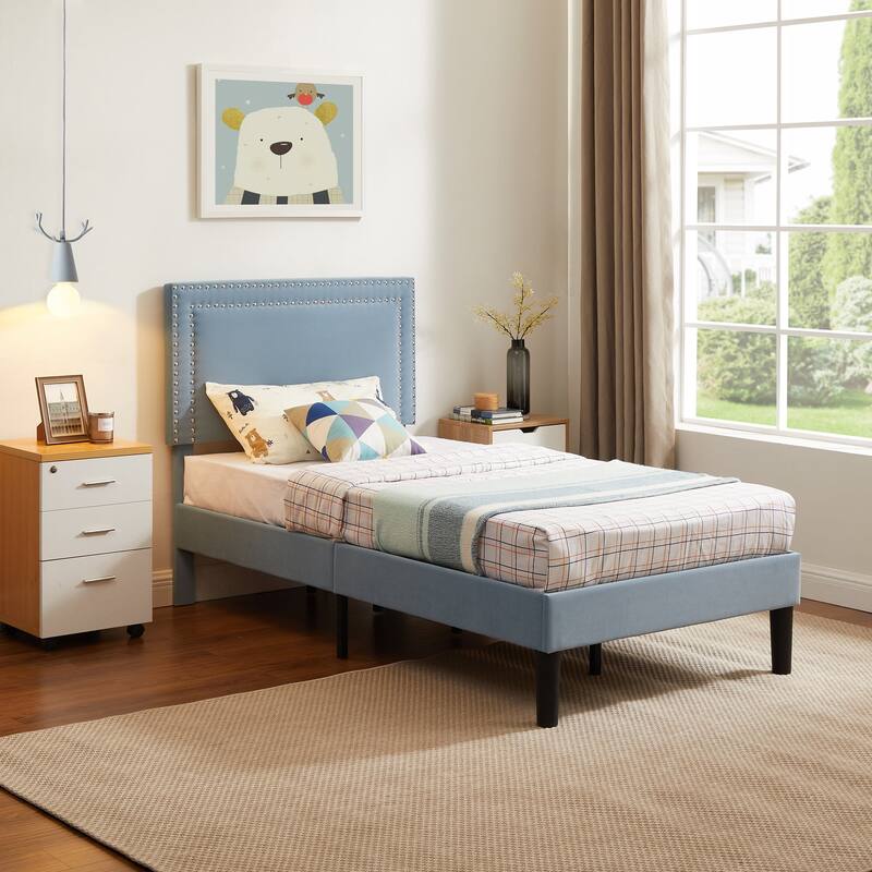 2 Pcs Upholstered Twin Size Platform Bed with Adjustable Headboard