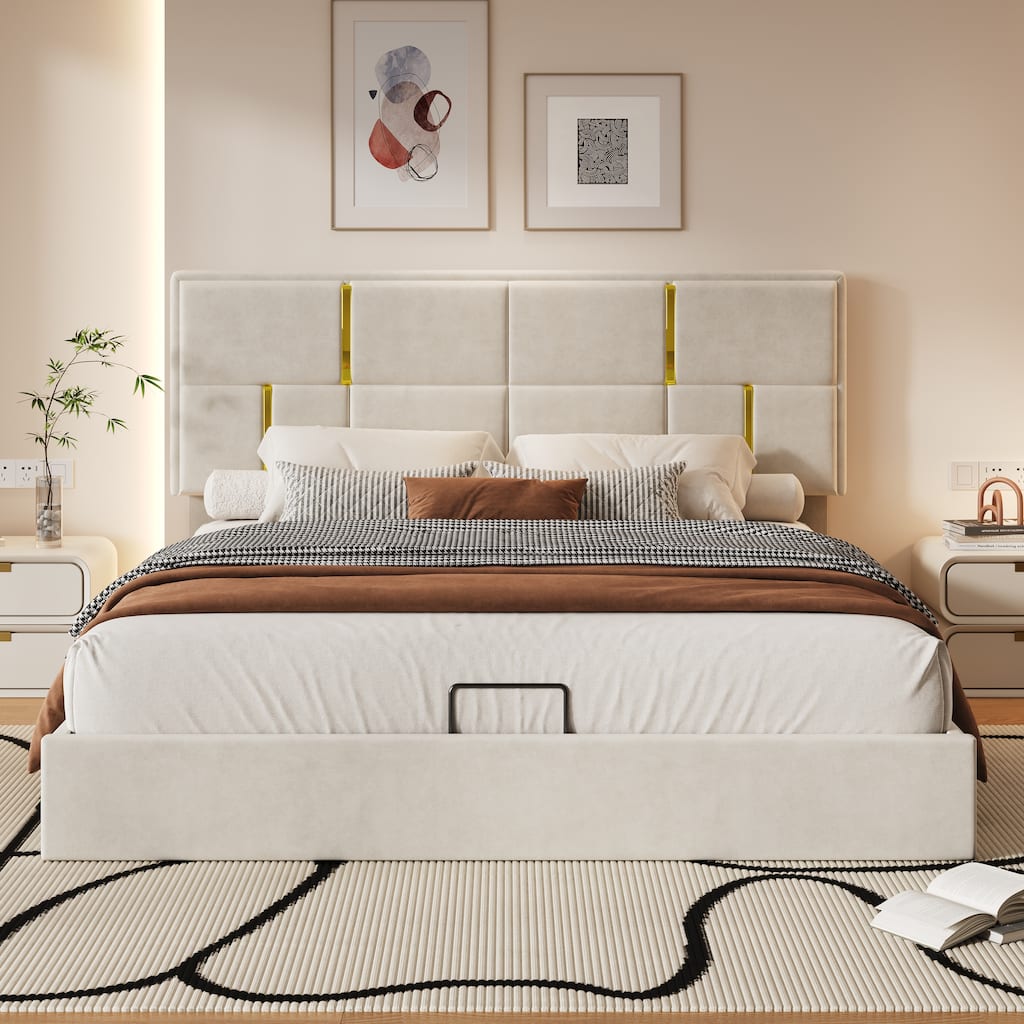 Elegant Design Upholstered Platform Bed with Hydraulic Storage System
