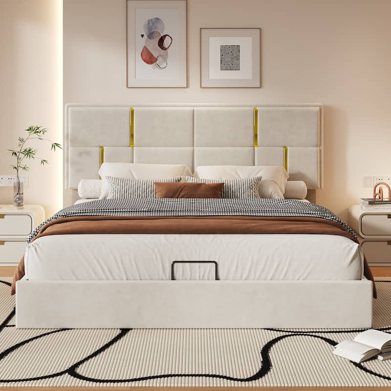 Elegant Design Upholstered Platform Bed with Hydraulic Storage System - Beige