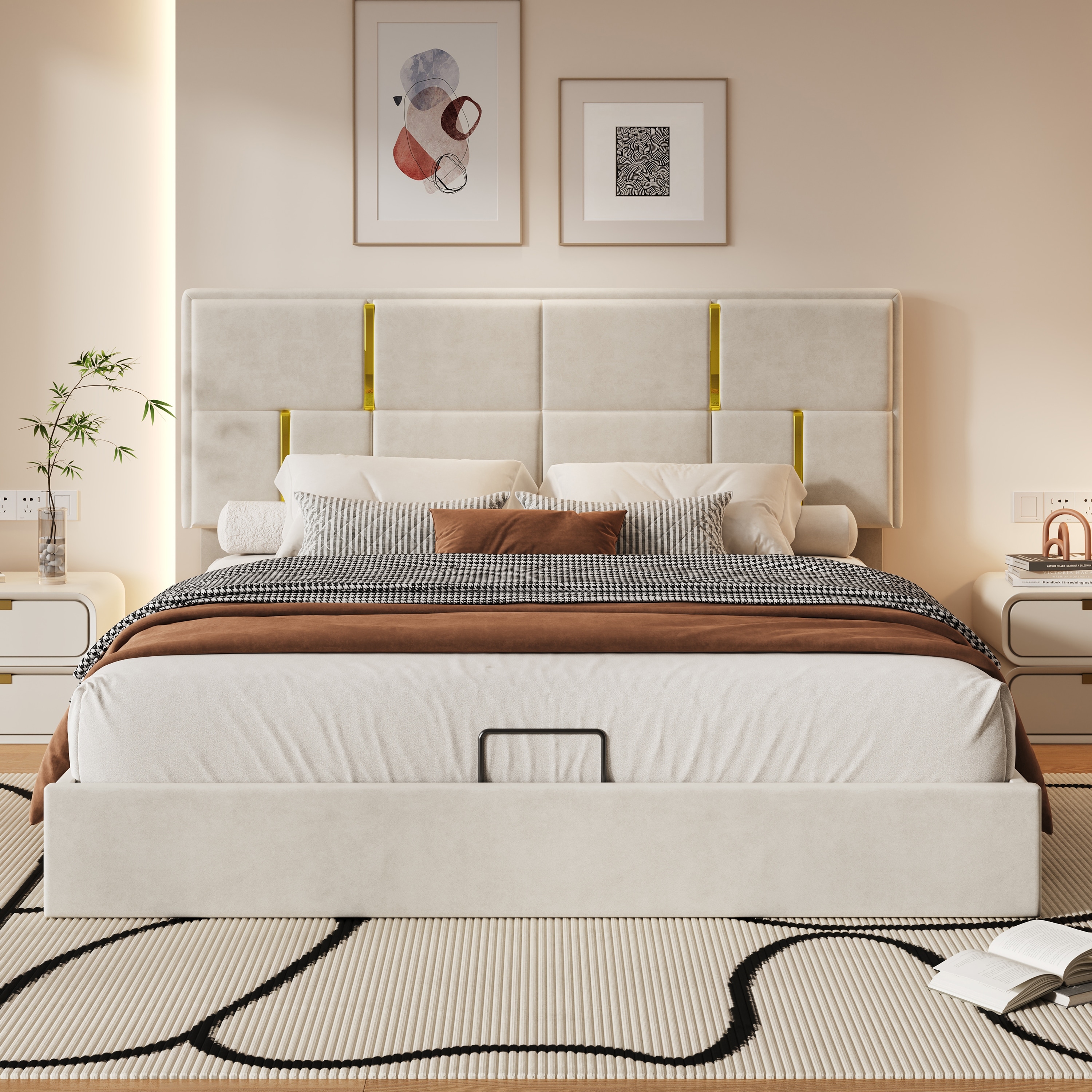 Roomfitters Queen Upholstered Platform Bed with Hydraulic Storage Lift, Modern Bed Frame, No Box Spring Required