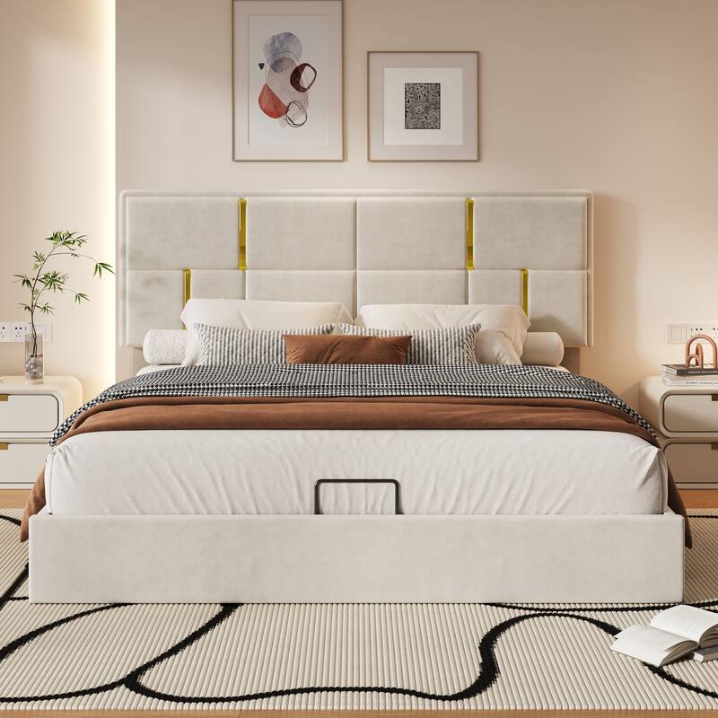 Roomfitters Queen Upholstered Platform Bed with Hydraulic Storage Lift, Modern Bed Frame, No Box Spring Required - Beige
