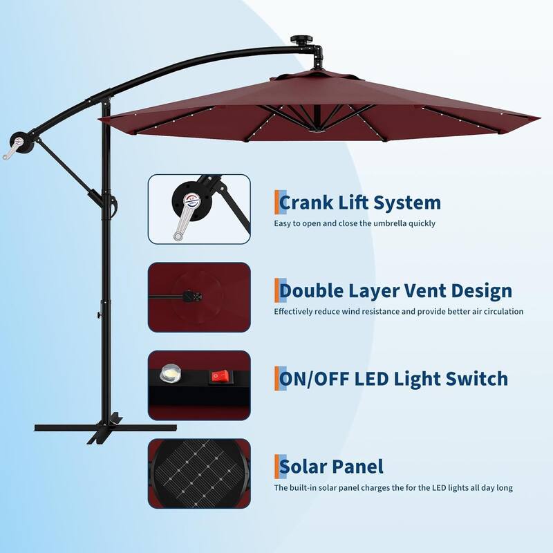 10ft Solar Lights Offset Patio Umbrella, Cantilever Umbrella with Easy Lift & Tilt Adjustment, 8 Ribs Sun Umbrella UV