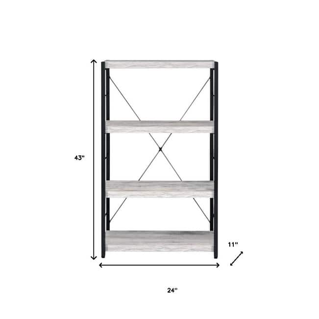 HomeRoots 43" Antiqued White And Black Metal and Wood Four Tier Etagere Bookcase