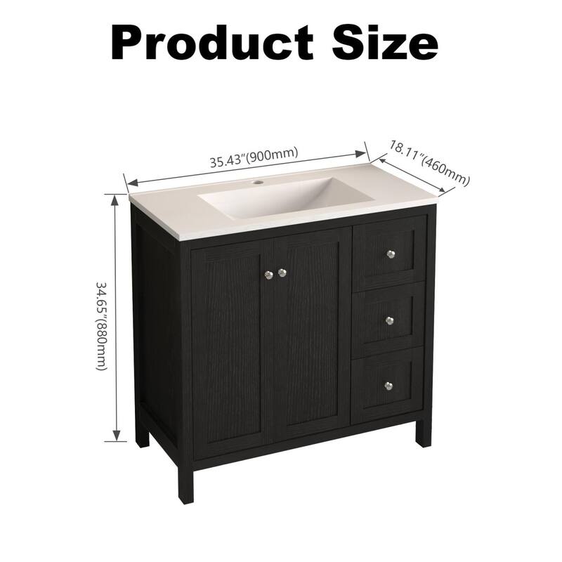 35.5" Bathroom Vanity , Modern Bathroom Cabinet with Basin, Bathroom Storage Cabinet with Soft Closing Doors and 3 Drawers