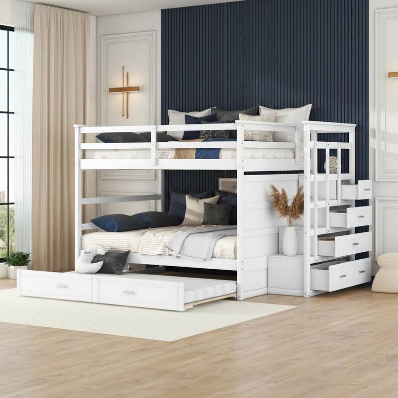 Full-Over-Full Staircase Bunk Bed with Pull-Out Twin Trundle and 4-Drawer Storage by Harper&Bright Designs - White