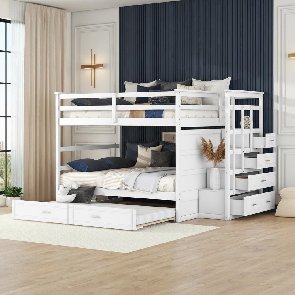 Full-Over-Full Staircase Bunk Bed with Pull-Out Twin Trundle and 4