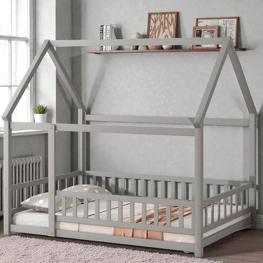 Full Size House Floor Bed with Wooden Roof Frame and Fence Guardrails, Solid Wood Kids Floor Bed