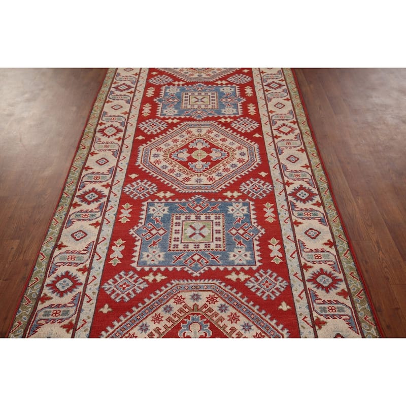 Geometric Red Kazak Runner Rug Hand-Knotted Hallway Wool Carpet - 3'11" x 13'4"