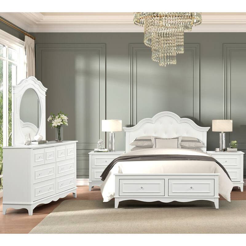 Furniture of America Lindsey Traditional 5-Piece White Platform Bedroom Set with Tufted Headboard - Queen