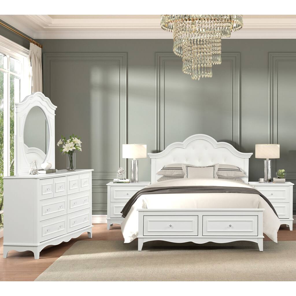 Furniture of America Lindsey Traditional 5-Piece White Platform Bedroom Set with Tufted Headboard