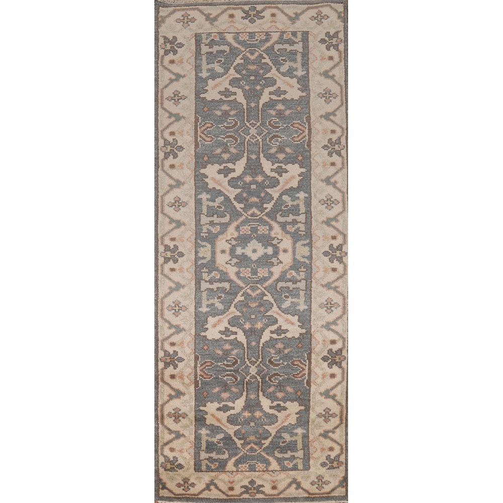 Oushak Indian Runner Rug Hand-Knotted Transitional Grey Wool Carpet - 2'7"x 8'0"