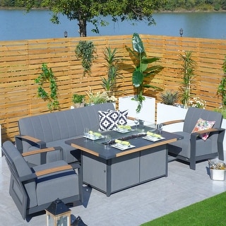 4-Piece Patio Acrylic Swing Chair Sofa Set with Firepit Table and