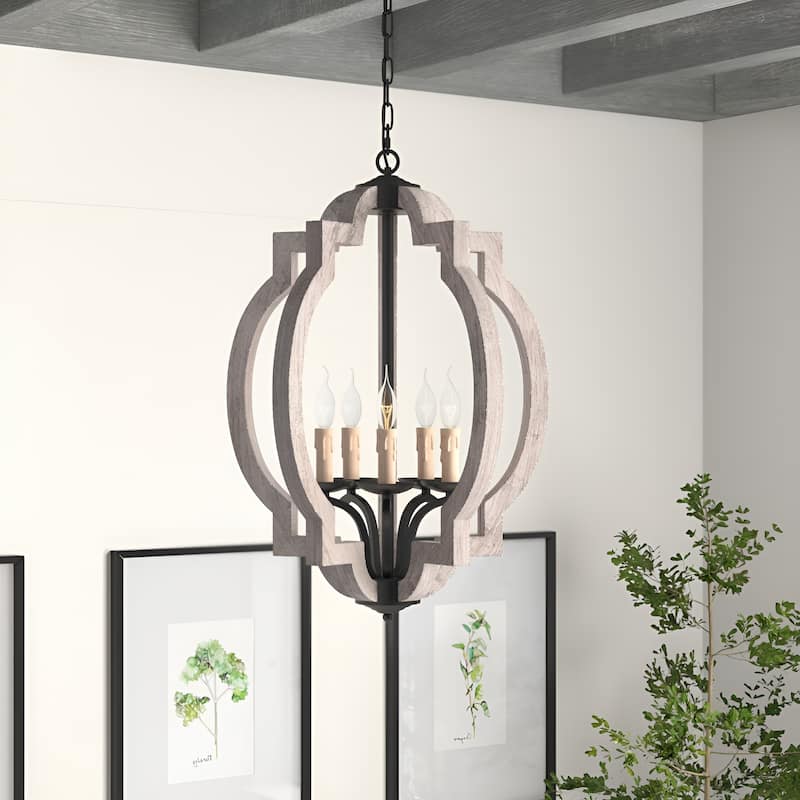 5-Light Wood Farmhouse Chandelier, Off White Distressed Vintage Medieval Style - Off-White