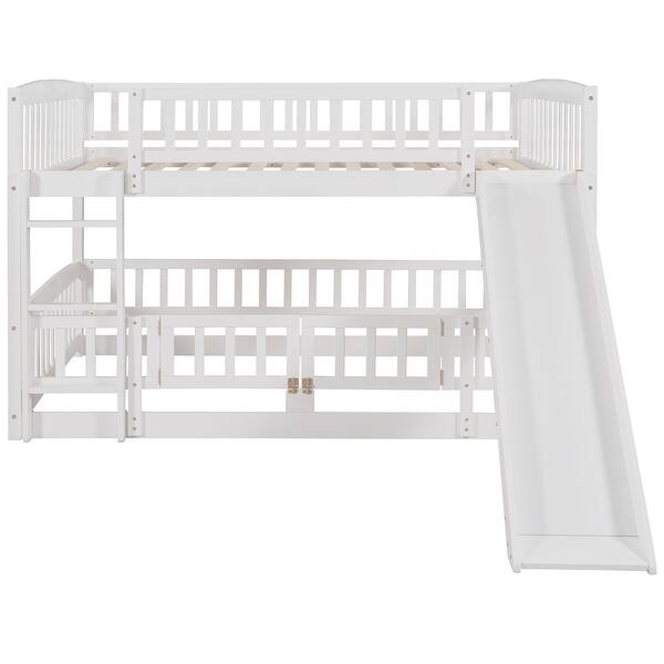 slide 2 of 12, Full Over Full Floor Bed Bunk Bed with Slide, Wood Low Bunk Beds Frame with Ladder & Fence for Boys Girls Teens,White White - Full