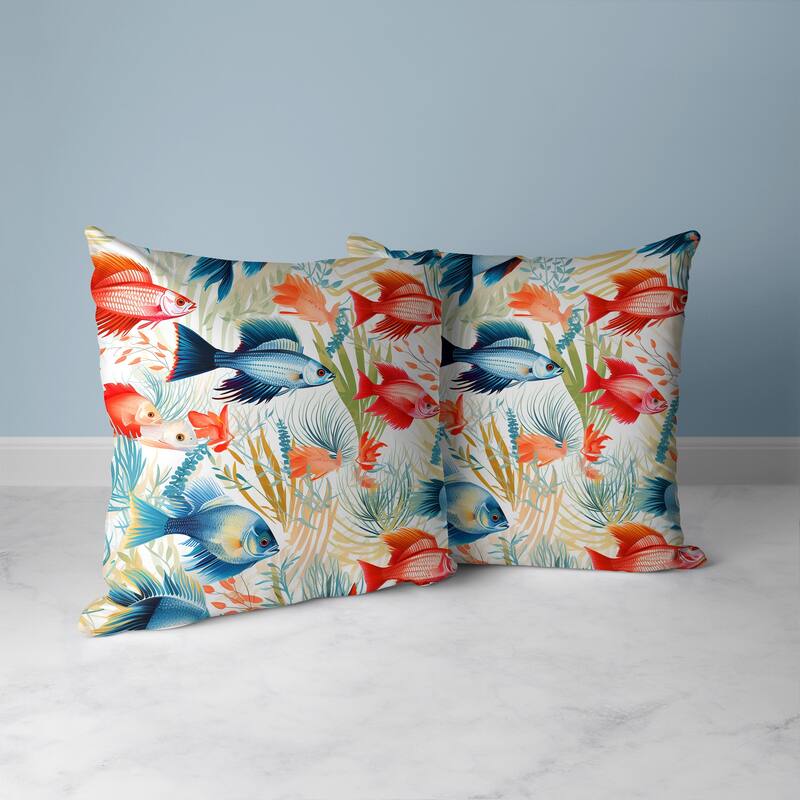 Fish paradise Faux Suede Reversible Throw Pillow Blue and Red