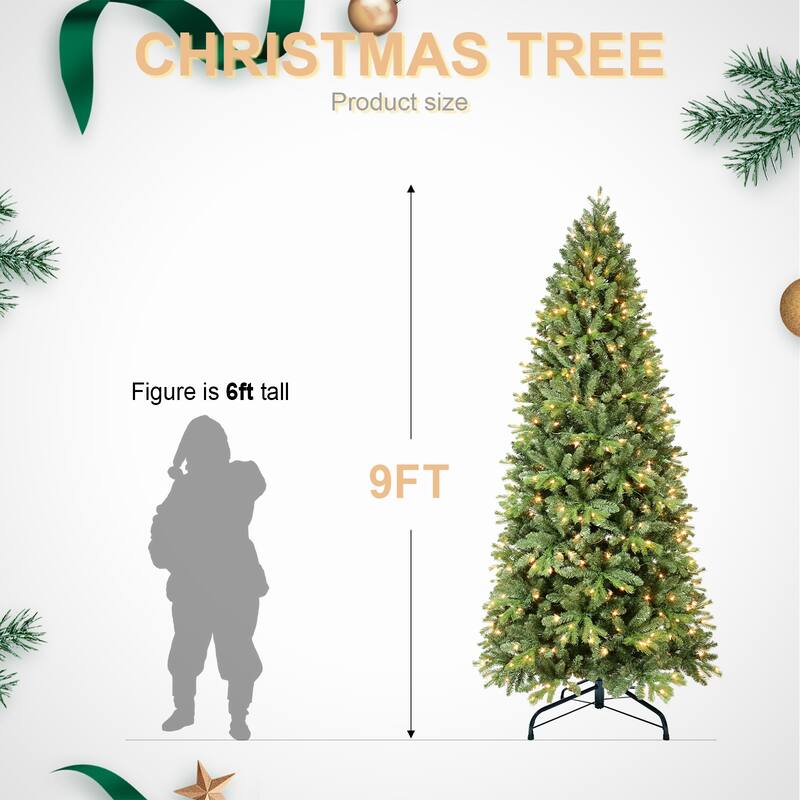 8FT Christmas Tree with 1847 Tips and 600 Warm White LED Lights - PVC+PE Mixed Branches, Hinged Structure, Metal Stand