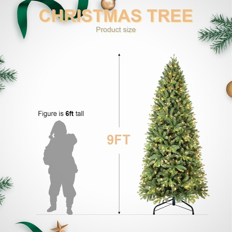8FT Christmas Tree with 1847 Tips and 600 Warm White LED Lights-PVC+PE Mixed Branches, Hinged Structure, Metal Stand