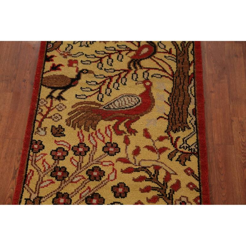 Animals Design Yellow Ziegler Indian Runner Rug Handmade Wool Carpet - 2'6"x 8'0"