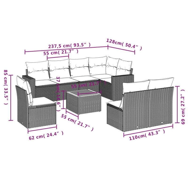 vidaXL Patio Sofa Set with Cushions Outdoor Furniture 9 Piece Poly Rattan - 25.8 x 24.4 x 27.2