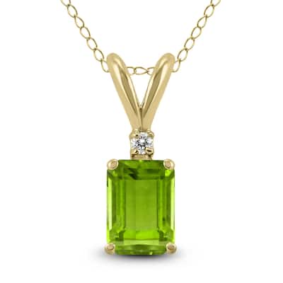 Marquee 14K Yellow Gold 7x5MM Emerald Shaped Peridot and Diamond Pendant