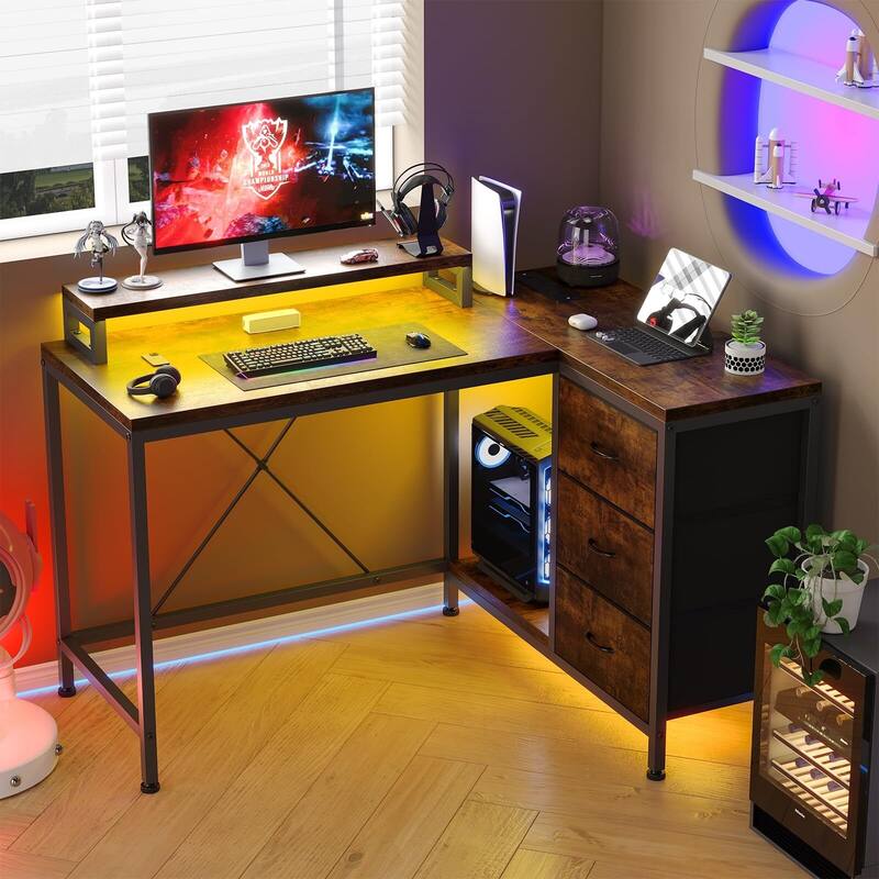 L Shaped Desk with Power Outlets & LED Lights