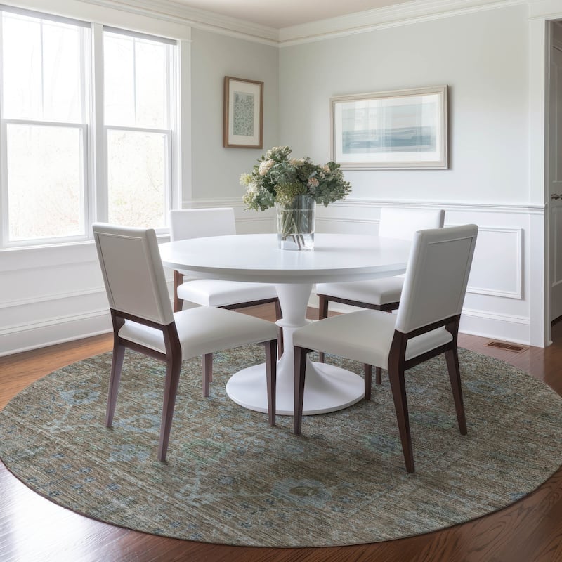 Machine Washable Indoor/ Outdoor Vintage Traditional Chantille Rug - Brown - 8' x 8'
