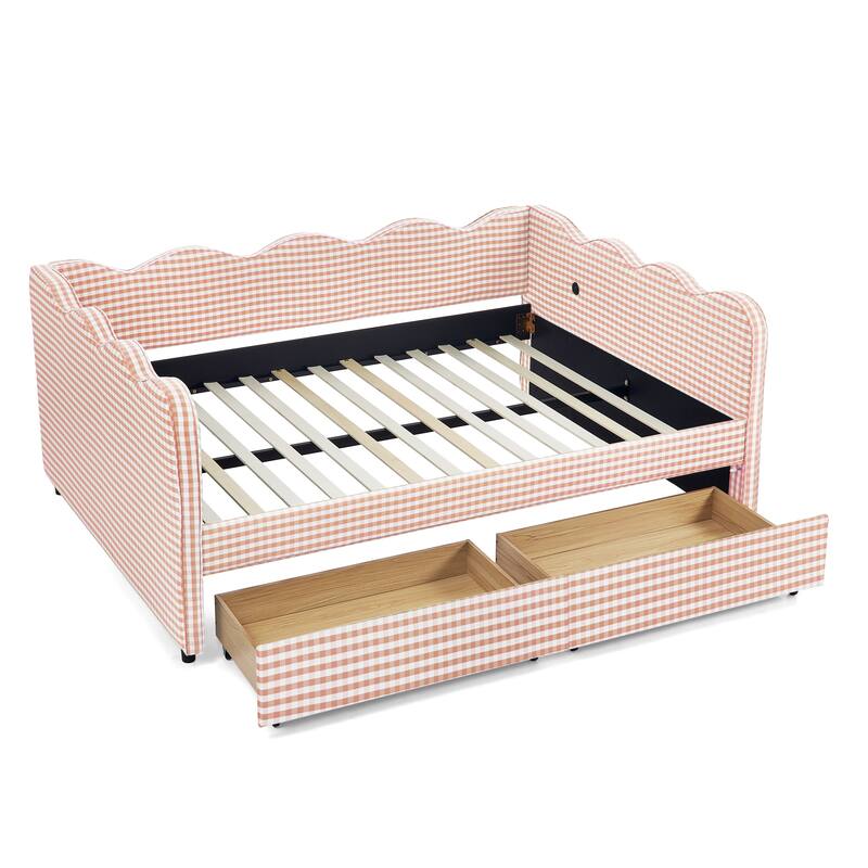 Full/Queen Gingham Daybed with 2 Storage Drawers, USB Port & Wave Shaped Linen Fabric