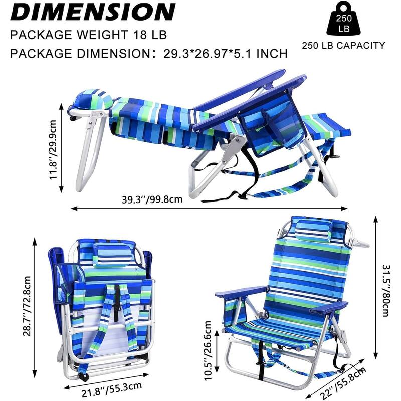 BOSSIN Backpack Beach Chairs for Adults,Adjustable high Beach Lounge Chairs with Towel Rack for Outdoor,Travel