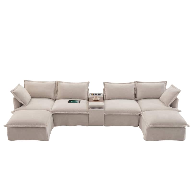 Sectional Sofa With Movable Ottoman And Console,Cup Holder,Wide Seat,U Shaped Couch,Chenille Sofa With Usb Charger