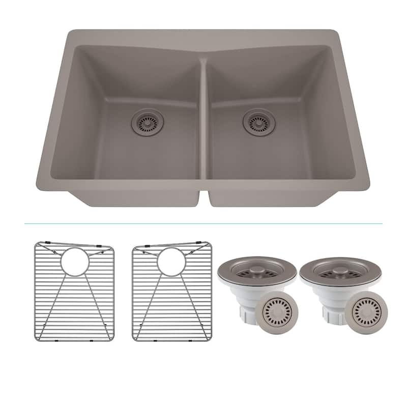 Lexicon Platinum Quartz 33 Inch Double Equal Bowl Undermount Kitchen Sink with Bottom Grids and Strainers , Disposal Flange - Galaxy Concrete