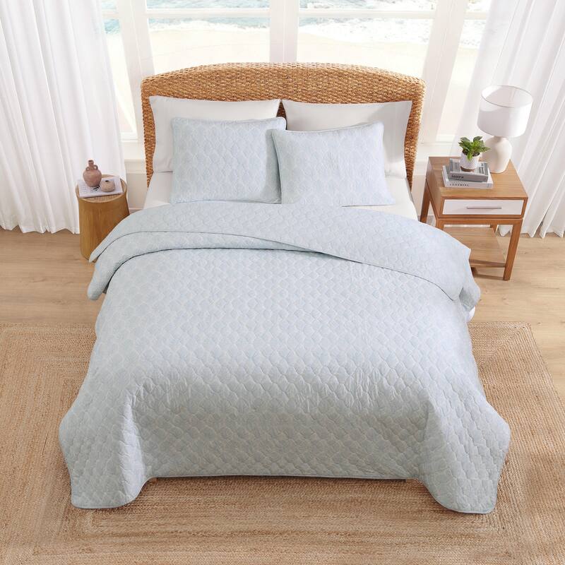 Tommy Bahama Line Palms Cotton Reversible Blue Quilt Set