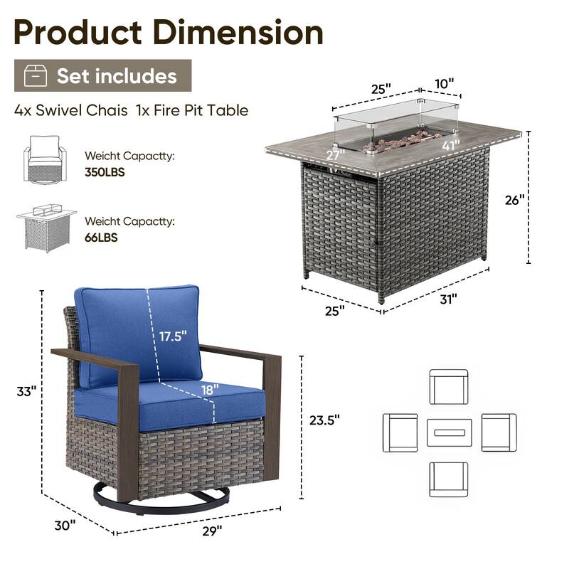 Pocassy 5 Pieces Outdoor Wicker Chair with Fire Table Set