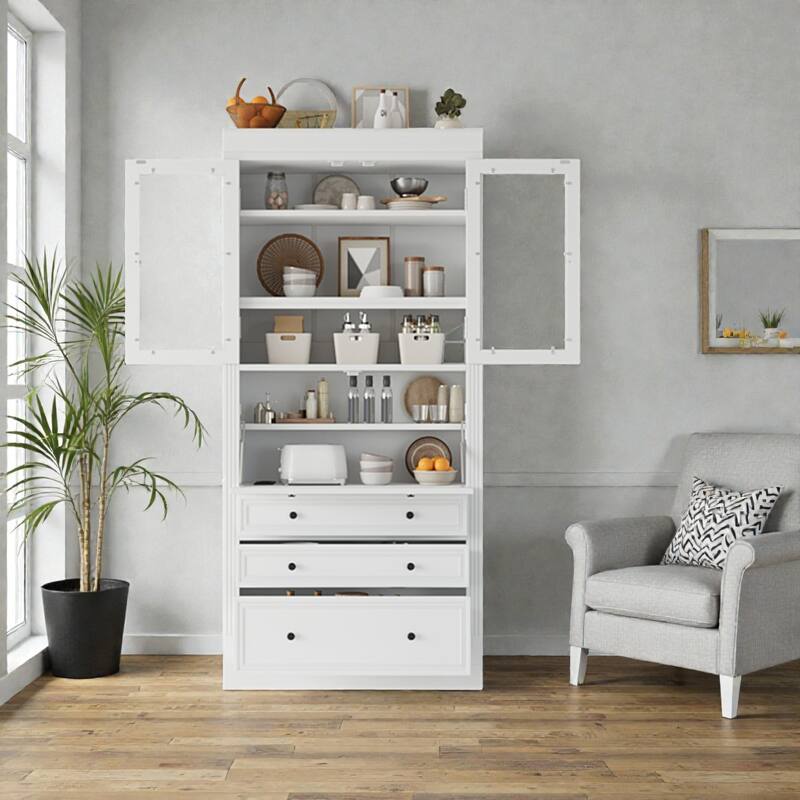 78" Freestanding Kitchen Pantry Cabinet with 3 Drawers, Glass Doors, Adjustable Shelves and Built-In Power Outlet