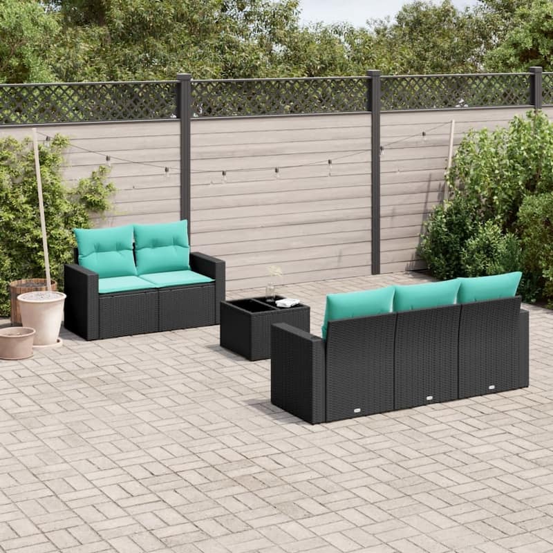 vidaXL Patio Sofa Set with Cushions Outdoor Furniture 6 Piece Poly Rattan - 25.8" x 24.4" x 27.2" - Black and blue