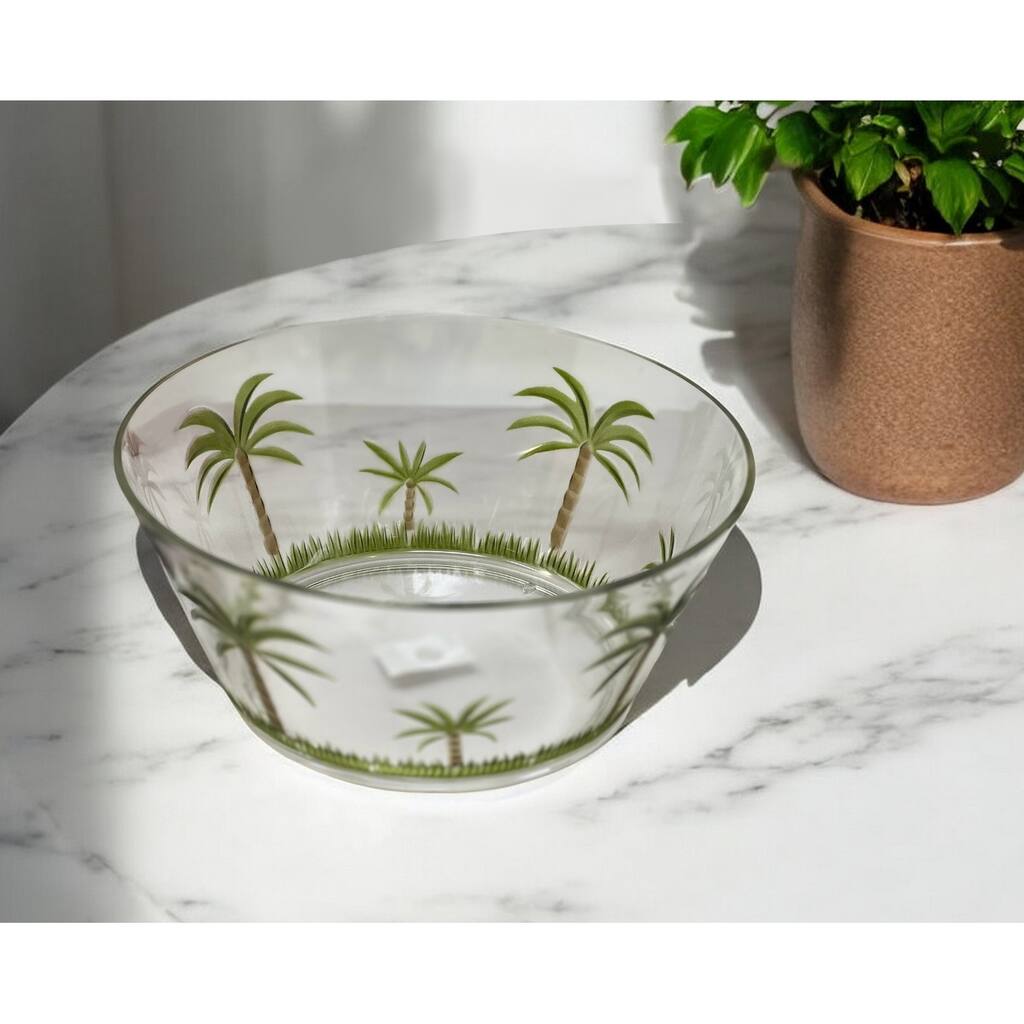10" Clear and Green Palm Tree Acrylic Round Salad Bowl - 10