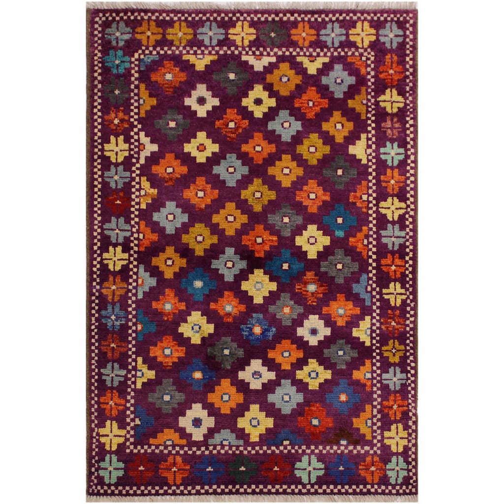 Rustic Balochi Hahn Purple/Green Hand Knotted Wool Rug - 3'4'' x 4'11''