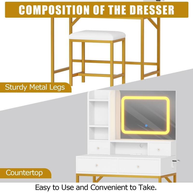 Makeup Vanity with Mirror and LED Lights, Charging Station, 4 Drawers, Shelves, Stool