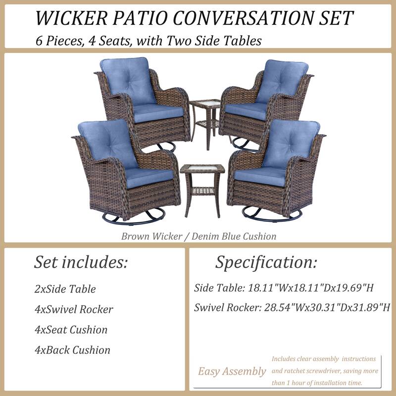 6 Piece Outdoor High Back Wicker Patio Conversation Swivel Chairs Sets