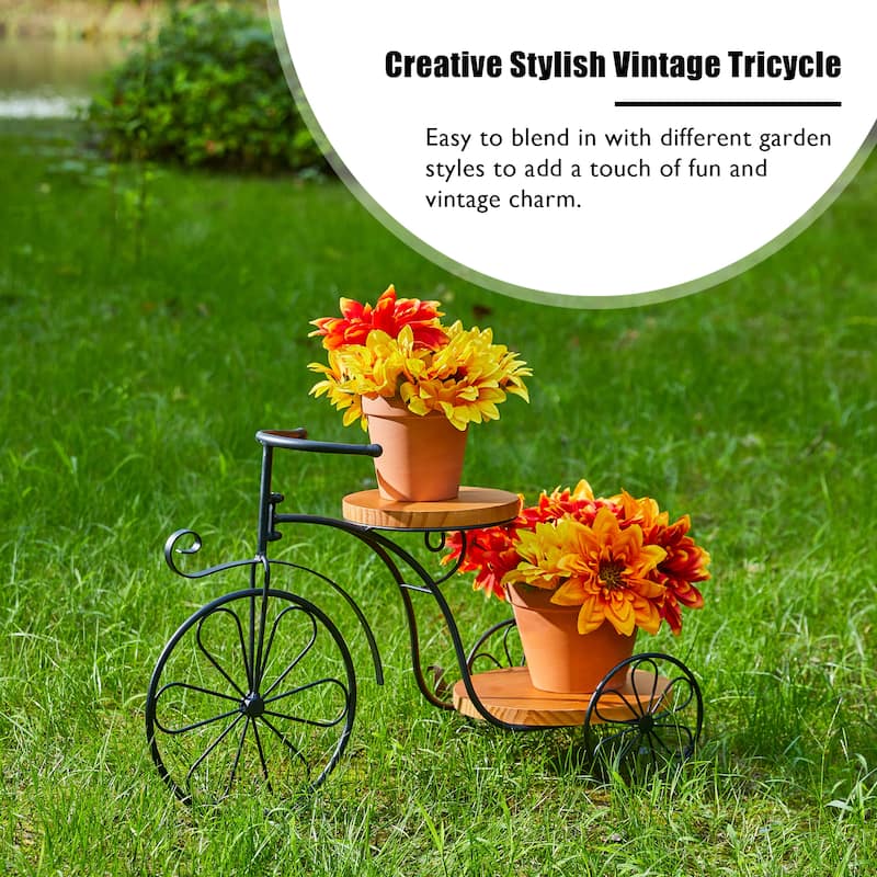 Glitzhome 24"L Spring Metal Tricycle Planter Stands Flower Pot Cart with Wood Trays