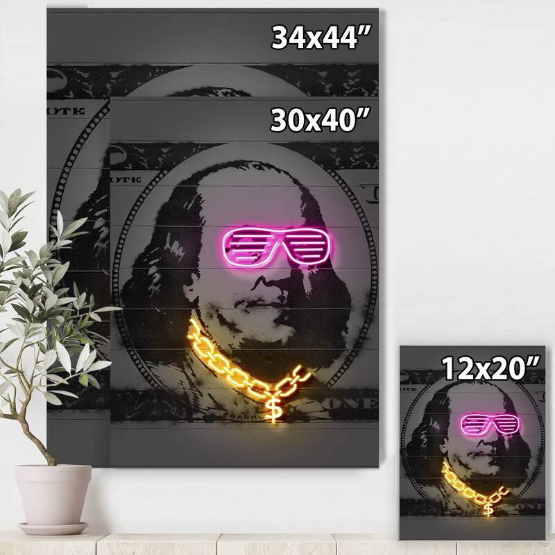 Designart "Benjamin Franklin Neon Rap" Modern & Contemporary Canvas Artwork Print