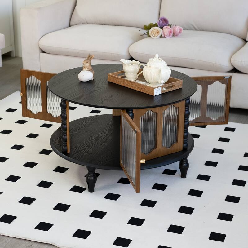 31.5" Round Real Wood Veneer Coffee Table, Three-Door Storage, Black + Walnut for Compact Areas