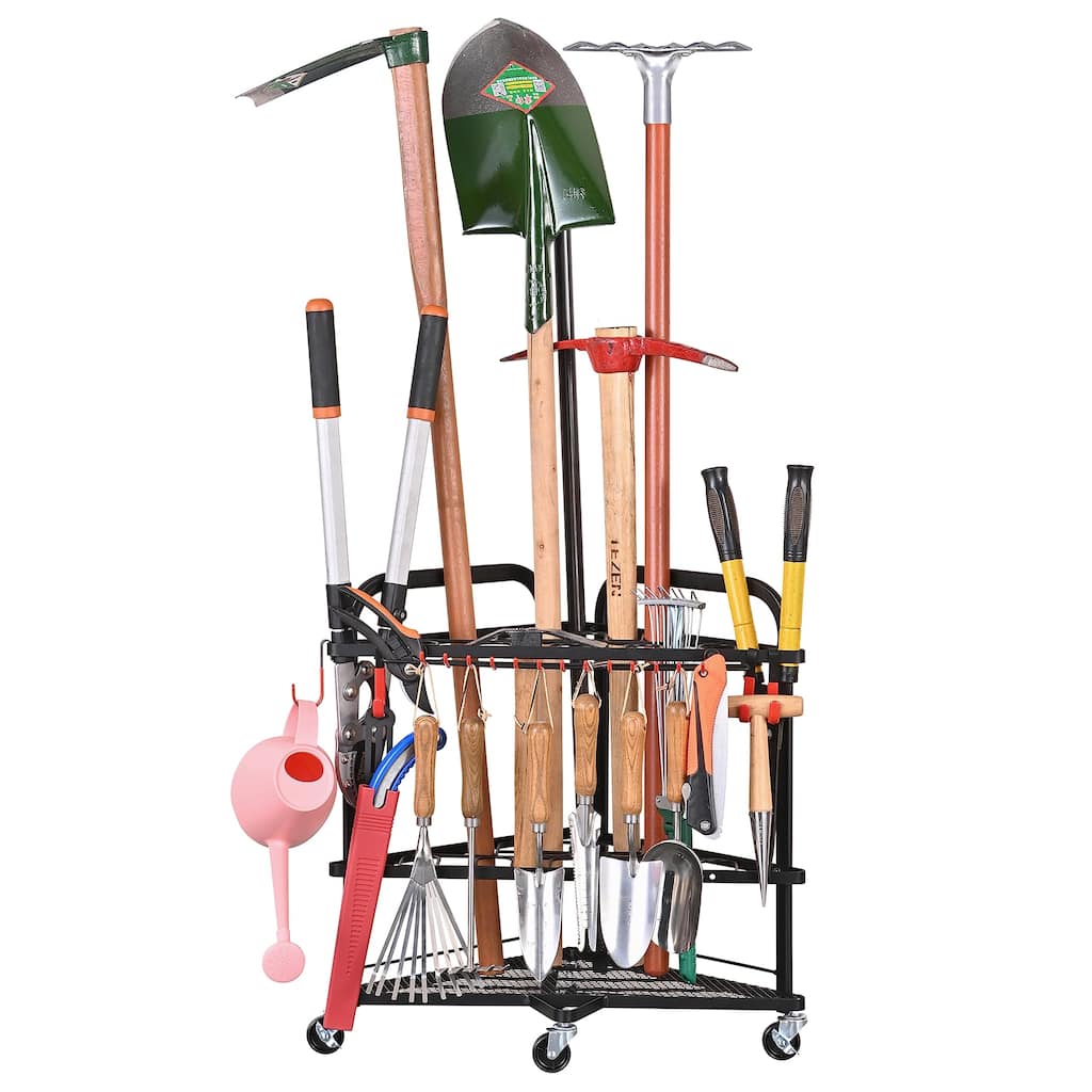 Rolling Yard Tool Storage Rack with 31 Slots for Shed and Garden