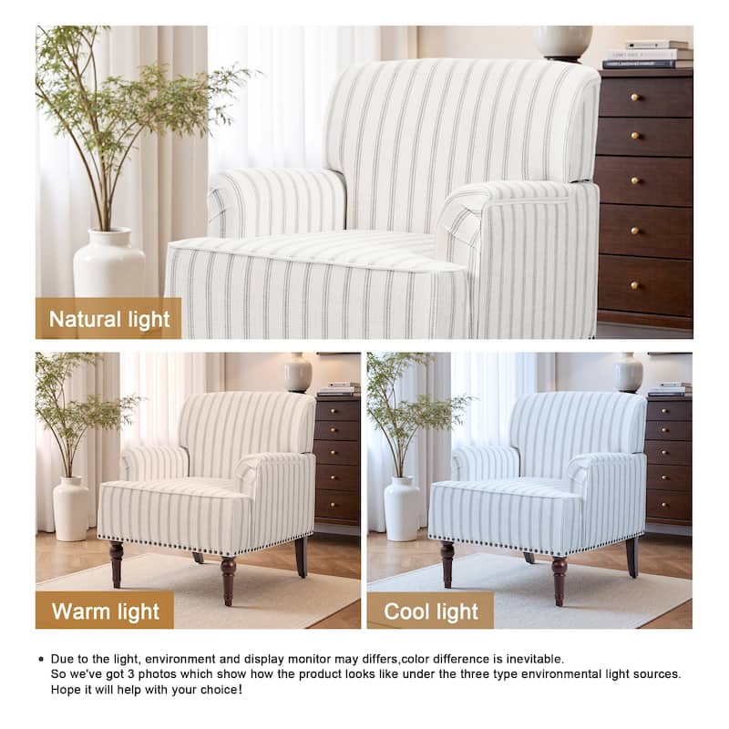 Set 2 Striped Upholstered Linen Armchair with Brass Nailhead Trim