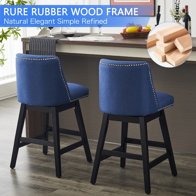 Linen Fabric Swivel Bar Stools Set of 2, Upholstered Bar Chairs with Back, Kitchen Island Stools with Solid Wood Frame