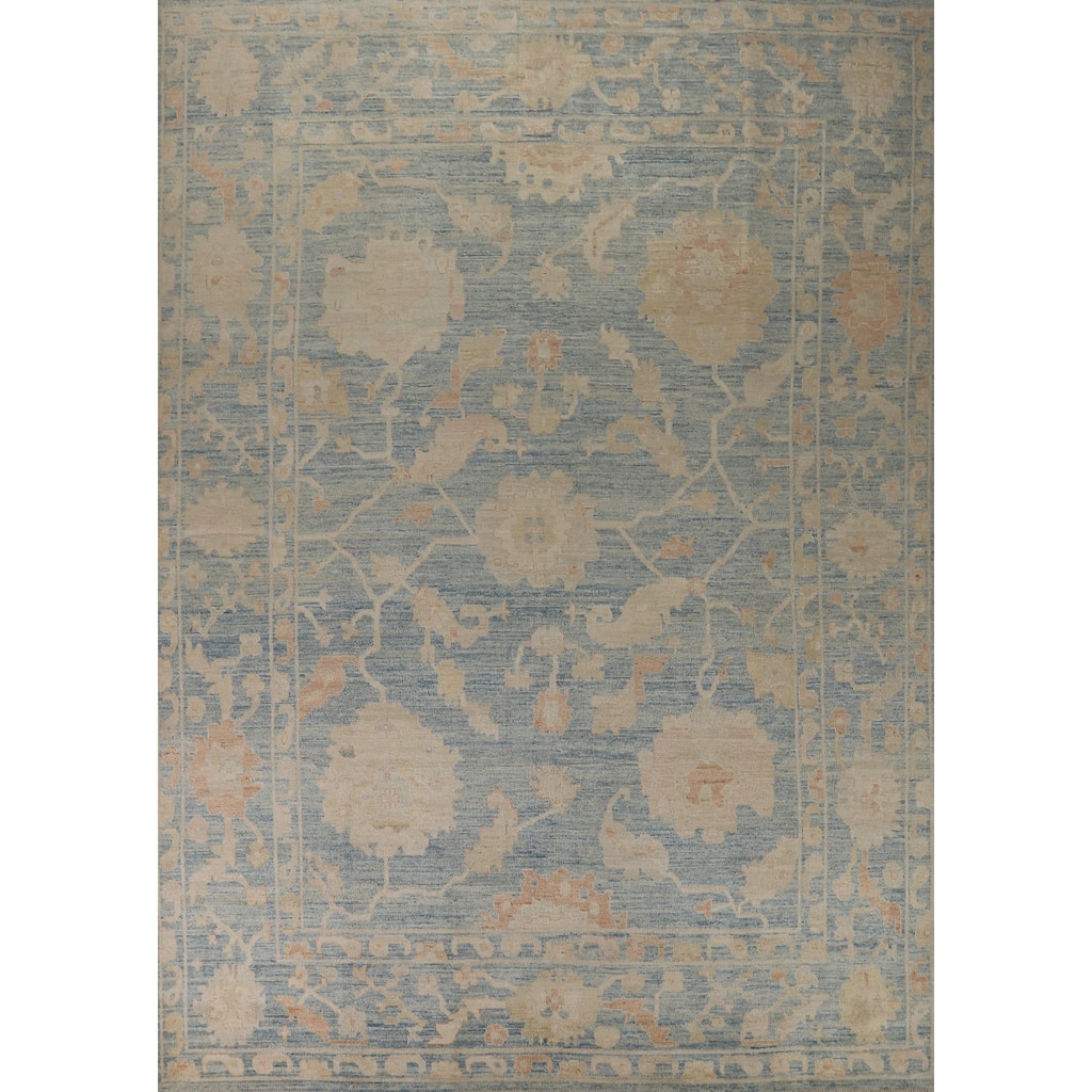 Vegetable Dye Blue Oushak Turkish Area Rug Handmade Floral Wool Carpet - 9'0"x 12'0"