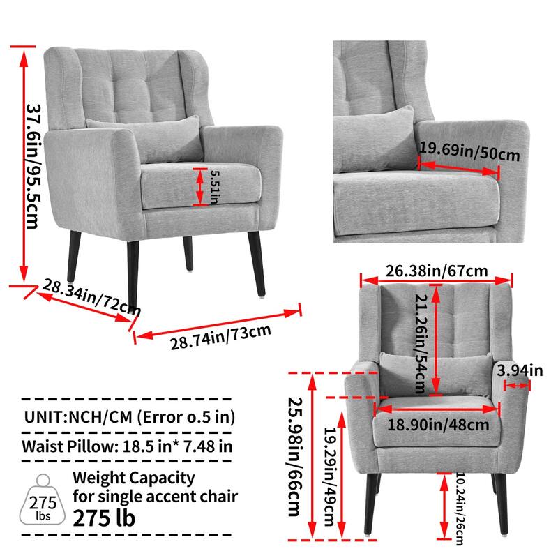 Chenille Modern Accent Chair with Wooden Legs and Mid-Century Lounge Chair (275lb Capacity)
